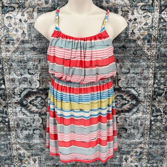 MNG by Mango Stripe Mini Sun Dress Size L Elastic Waist Lined - Picture 1 of 11